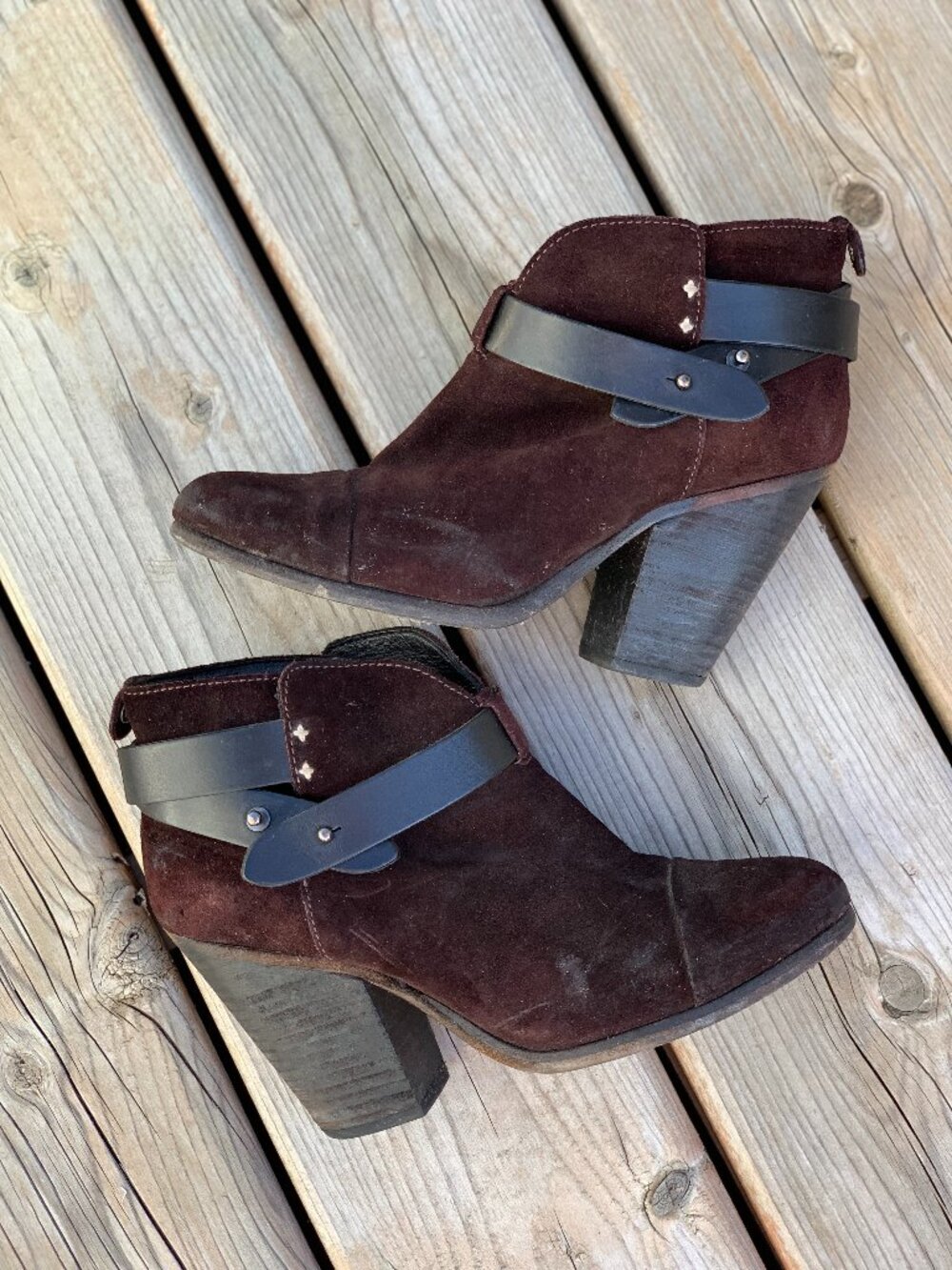 Rag & Bone Ankle Boots 5.5 Brown Suede Leather Block Heel Ankle Strap Booties